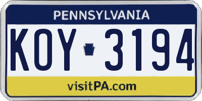PA license plate KOY3194