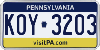PA license plate KOY3203