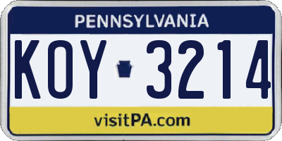 PA license plate KOY3214