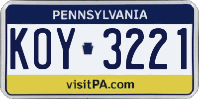 PA license plate KOY3221
