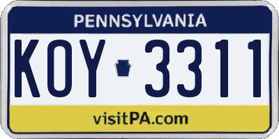 PA license plate KOY3311