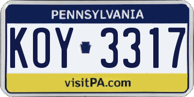 PA license plate KOY3317