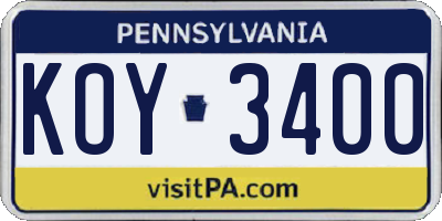 PA license plate KOY3400