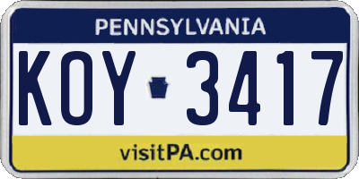PA license plate KOY3417