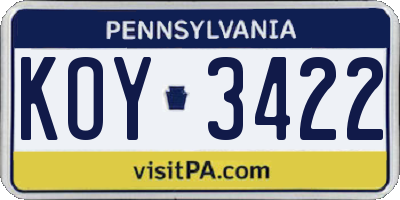 PA license plate KOY3422