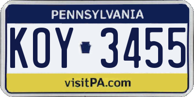 PA license plate KOY3455