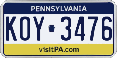 PA license plate KOY3476