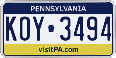 PA license plate KOY3494