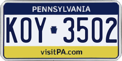 PA license plate KOY3502