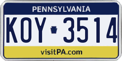 PA license plate KOY3514