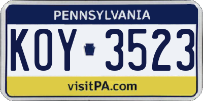 PA license plate KOY3523