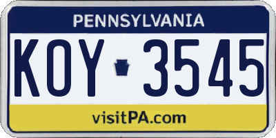 PA license plate KOY3545