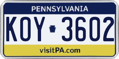 PA license plate KOY3602