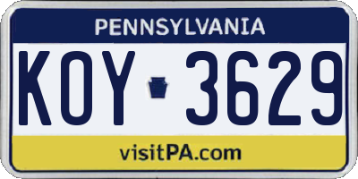 PA license plate KOY3629