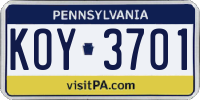 PA license plate KOY3701