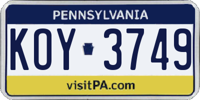 PA license plate KOY3749