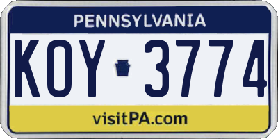 PA license plate KOY3774