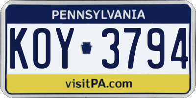 PA license plate KOY3794