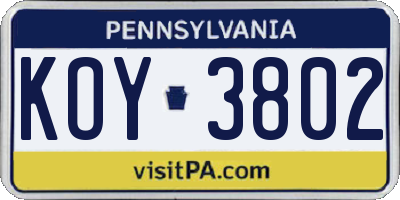 PA license plate KOY3802