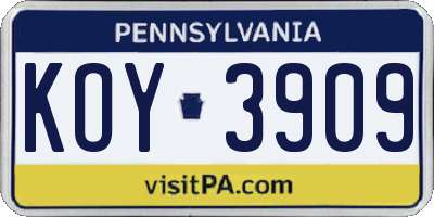 PA license plate KOY3909