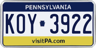 PA license plate KOY3922