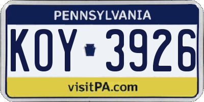 PA license plate KOY3926