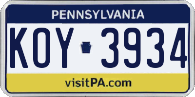 PA license plate KOY3934