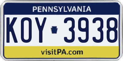 PA license plate KOY3938