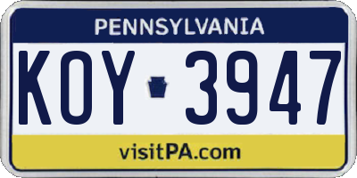 PA license plate KOY3947