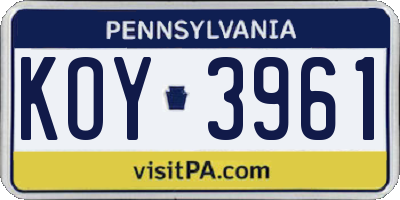 PA license plate KOY3961