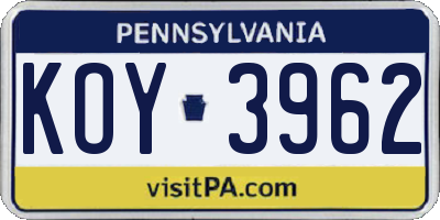 PA license plate KOY3962