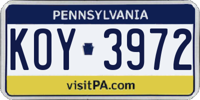 PA license plate KOY3972