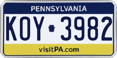 PA license plate KOY3982