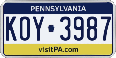 PA license plate KOY3987