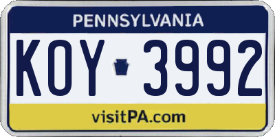 PA license plate KOY3992