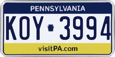 PA license plate KOY3994