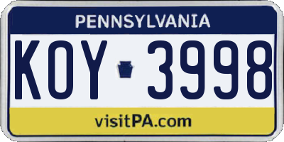 PA license plate KOY3998