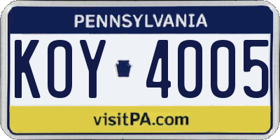 PA license plate KOY4005