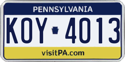 PA license plate KOY4013