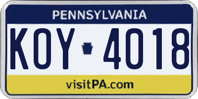 PA license plate KOY4018