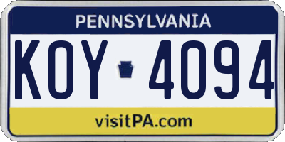 PA license plate KOY4094