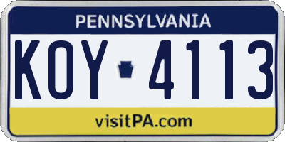 PA license plate KOY4113