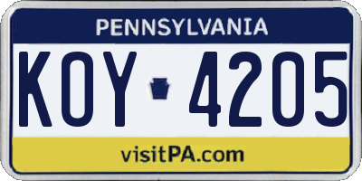 PA license plate KOY4205