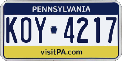 PA license plate KOY4217