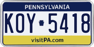 PA license plate KOY5418
