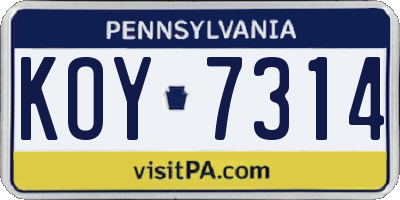 PA license plate KOY7314