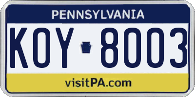 PA license plate KOY8003