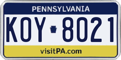 PA license plate KOY8021