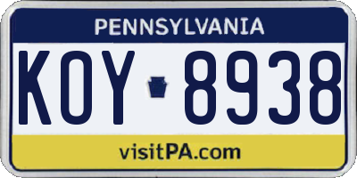 PA license plate KOY8938