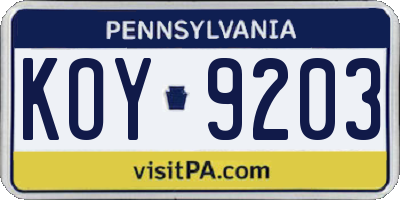 PA license plate KOY9203